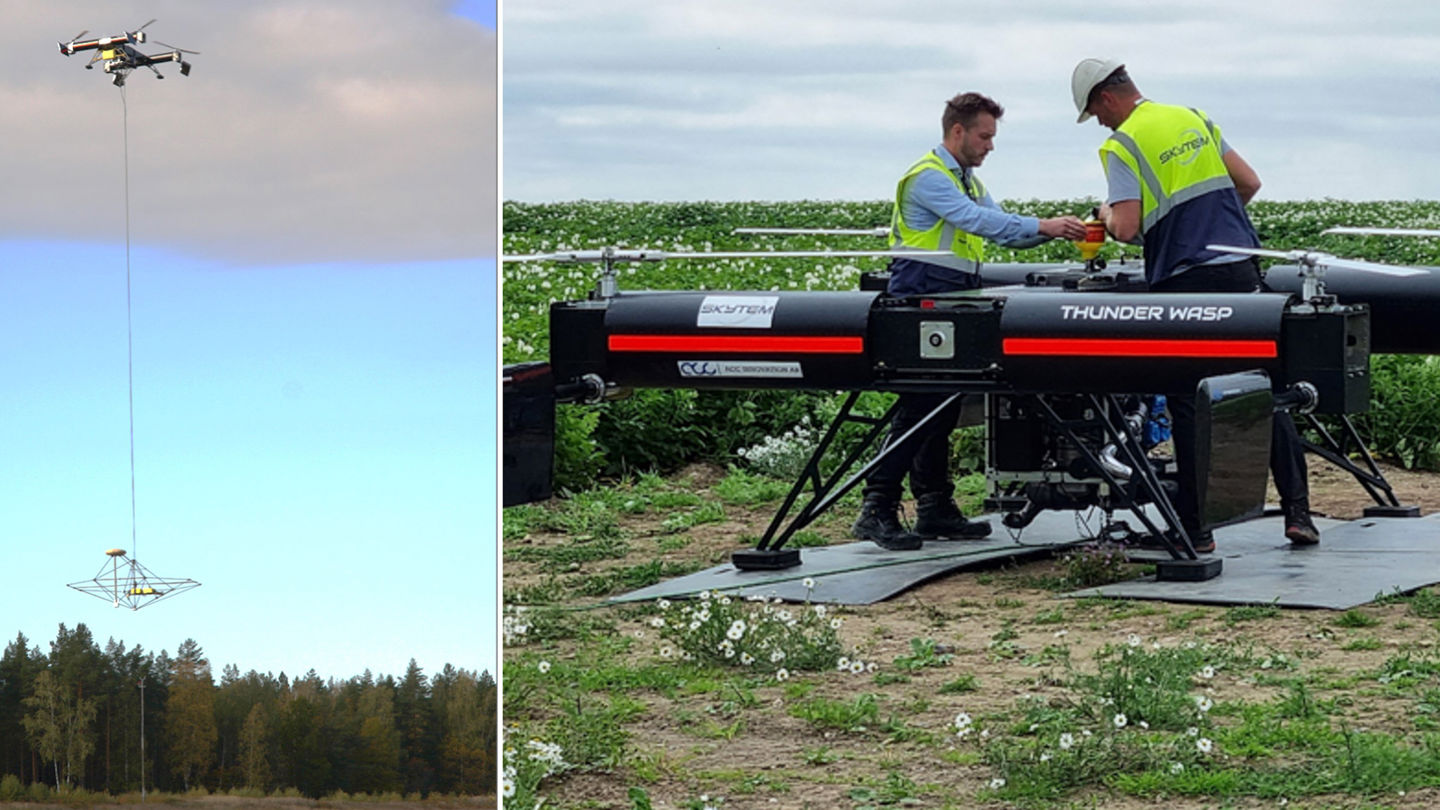 Dronesensor i drift (venstre) og tungløft-drone brukt i AGAVE-prosjektet (høyre)